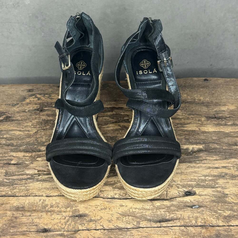 Isola Black Leather Strappy Espadrille Wedge Sandals Zipper Size 8